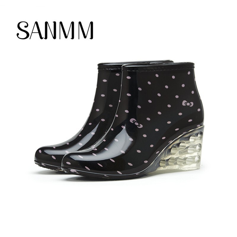 Sanming Beauty Short Barrel Women's Rain Boots High Heel Fashion Rain Shoes Non-slip Wedge Rubber Shoes overshoes Women's Water Shoes 302E