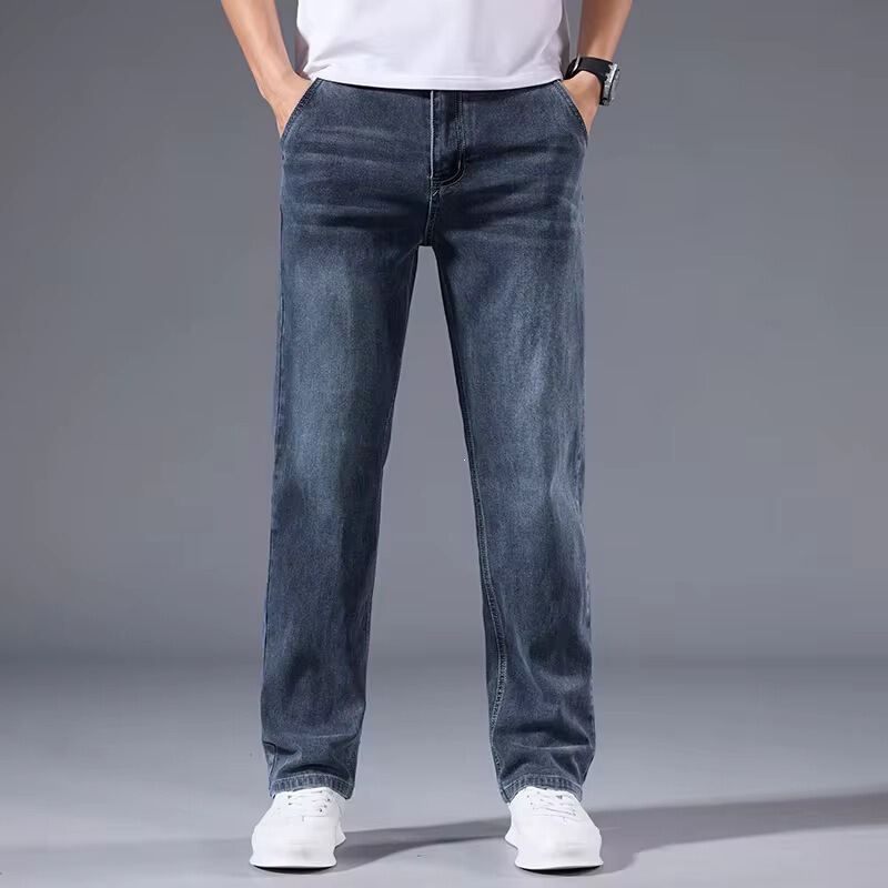 Men's Loose Straight-Leg Jeans, Elastic Casual Pants Suitable for All Seasons, Versatile Pants