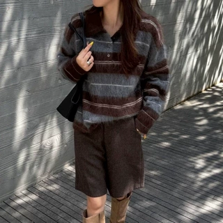 高级羊绒纽扣翻领条纹拉毛针织衫女秋冬慵懒感百搭软糯宽松羊毛衫