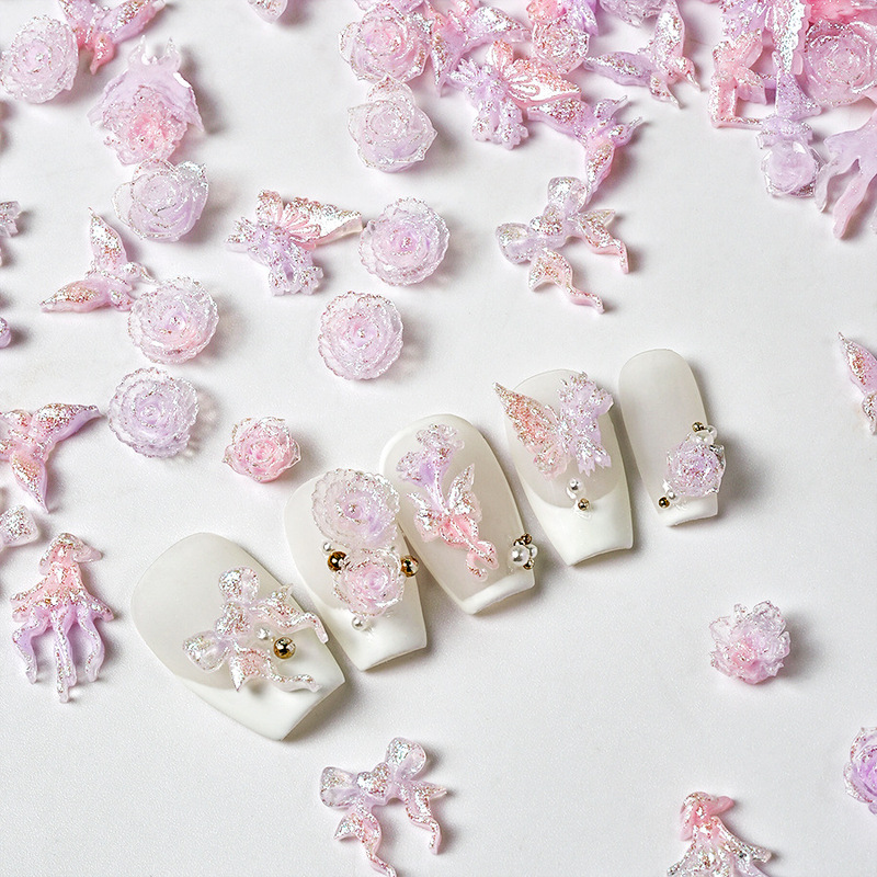 New Fine Flash Pink Nail Jewelry Material Bag Resin Peony Flower Nail Accessories Luminous Nail Decoration