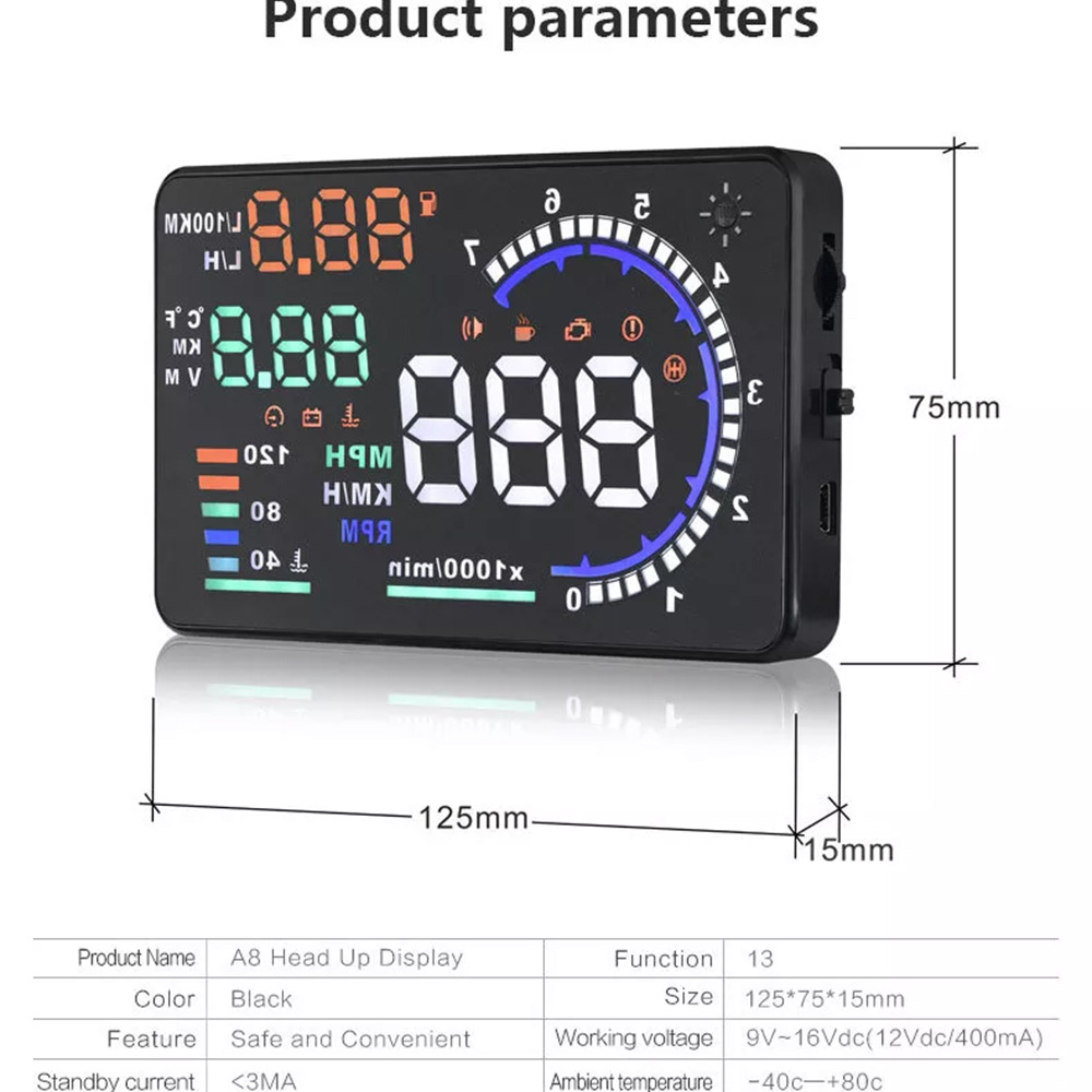 Hud Head-Up Display Obd Universal High-Definition Car Speed Projector Portable Car Display Screen A8