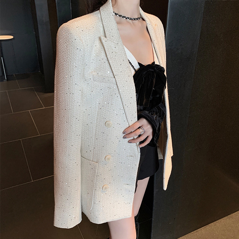 Trend capacious white woolen demi-season classic suit jacket