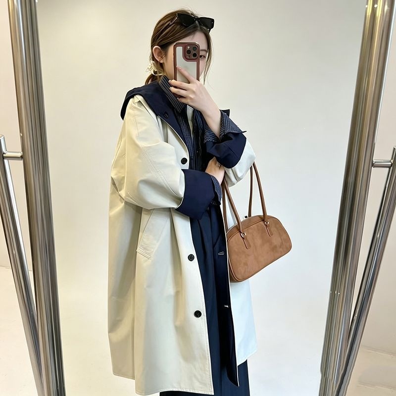 韩系撞色连帽风衣女中长款春秋新款宽松遮肉休闲百搭小个子外套女