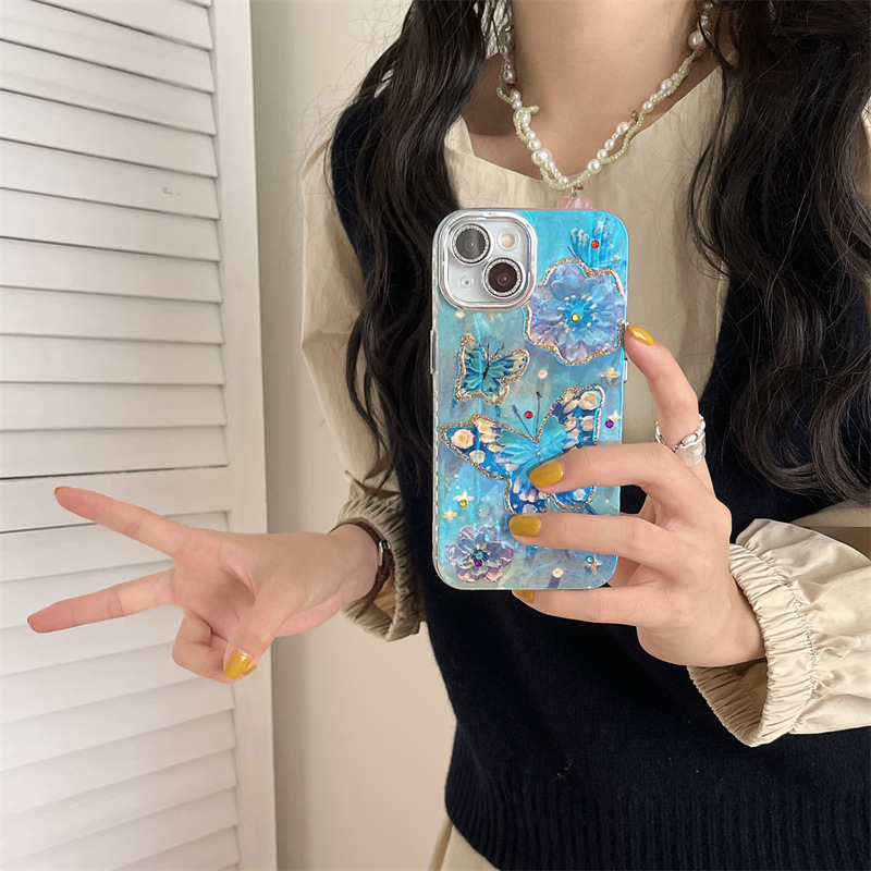 Verano Blu-ray flor mariposa para iPhone 15/16ProMax funda para teléfono móvil Apple 14/13 hembra 16 agujeros finos