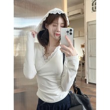 纯欲蕾丝连帽长袖t恤女2024春秋季新款高级感修身内搭打底衫上衣