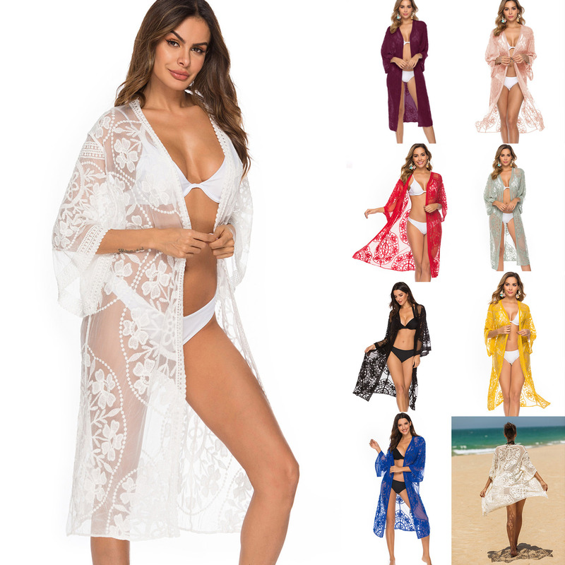Cross-border Women's Lace Mesh Bikini Outer Cardigan Holiday Style Beach Blouse Sun Protection Clothing P9311
