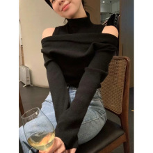 现 2025冬季新款韩国设计师温柔套头性感露肩假两件针织衫上衣