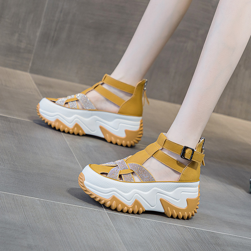 Women's Hidden Heel Sandals 2026 Summer Hollow-Out Rhinestone Roman Shoes Casual Versatile Closed-Toe Sports Trendy White Shoes