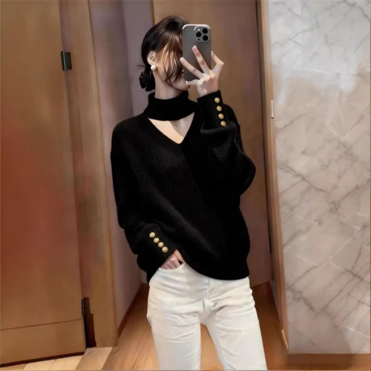 트렌디한 나른한 바람 펀칭 니트 여자 가을 겨울 신상 디자인 감각 거대하
