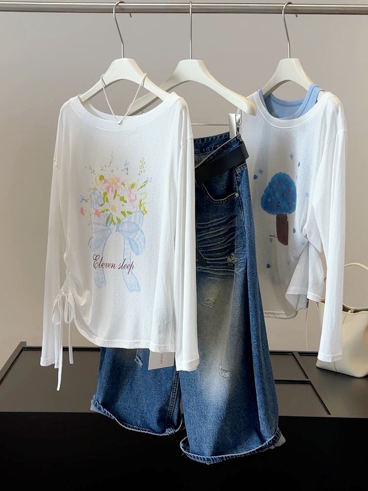 Women's White Off-Shoulder Long Sleeve Sun Protection T-Shirt Summer Loose Fit Drawstring Floral Print Cover-Up Top_ecoleips.com