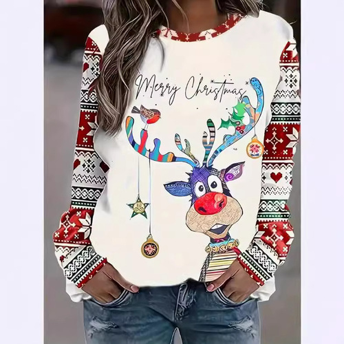 【Hot Sale】New Christmas Deer and Snowflake Women's Long-Sleeve Round Neck Sweatshirt 3D Print Spring and Autumn P