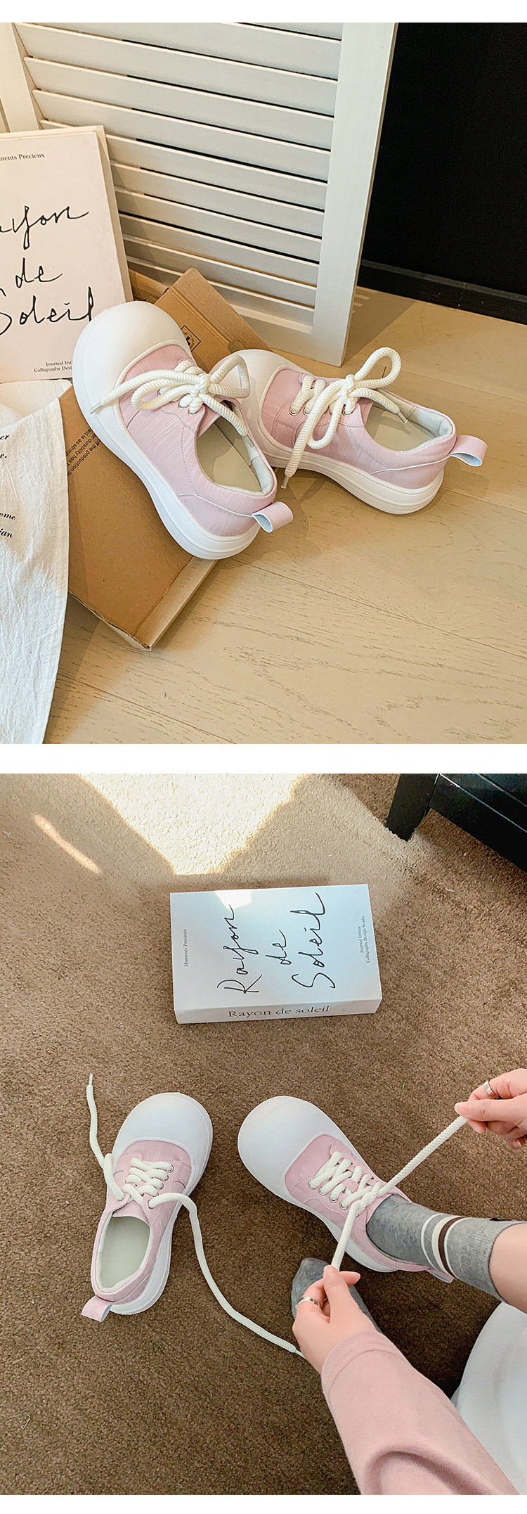 Giày sneaker nữ đế dày chunky mũi to phong cách bánh mì dây buộc tăng chiều cao — màu đen, màu hồng, màu trắng chi tiết 8