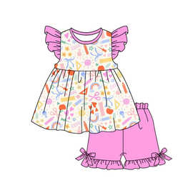 欧美精品店童装外贸批发粉色铅笔尺子印花女孩回学校短袖短裤套装