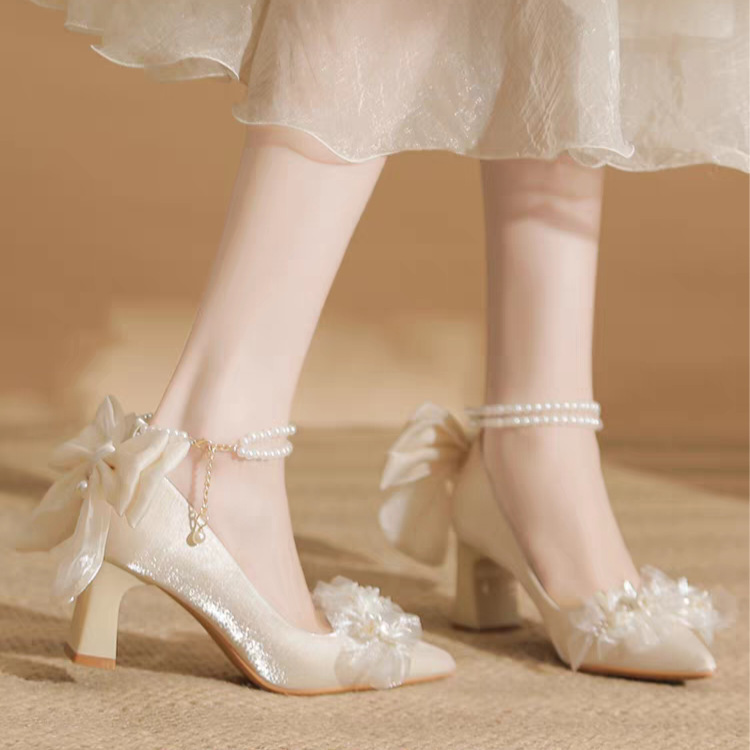 French-Style Stunning High Heels for Women 2025 New Wedding Shoes, Two-Way Wear, Chunky Heel, Bride's Comfortable Shoes, Pearl Strap Princess Shoes