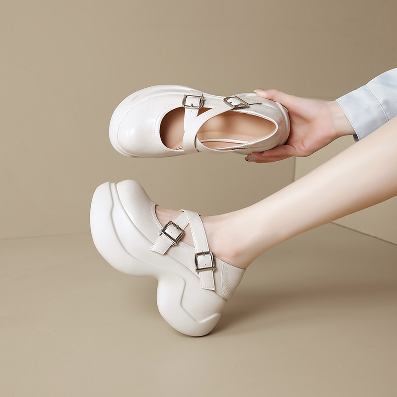 Thick-Soled Cross-Strap Leather Shoes with Buckle for Women, Genuine Leather, Shallow Mouth, Elegant High Heels, Comfortable and Versatile Flats Thick-Soled Cross-Strap Leather Shoes with Buckle for Women, Genuine Leather, Shallow Mouth, Elegant High Heels, Comfortable and Versatile Flats