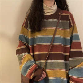 撞色宽松大版新款毛衣女套头条纹针织上衣休闲软糯秋冬慵懒风外穿