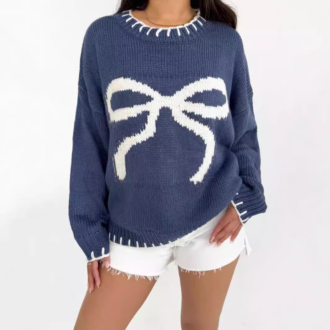 Women's Clothing Women's Bow Jacquard Sweater Autumn And Winter Lazy Style Loose Warm And Comfortable Pullover Sweater_voghion.com