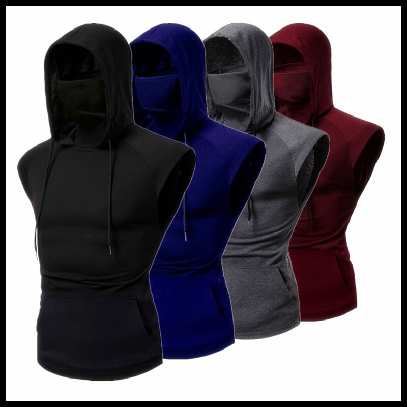 wish Amazon AliExpress popular men's daily workout clothes hooded with mask solid color sleeveless sports T-shirt wish Amazon AliExpress popular men's daily workout clothes hooded with mask solid color sleeveless sports T-shirt