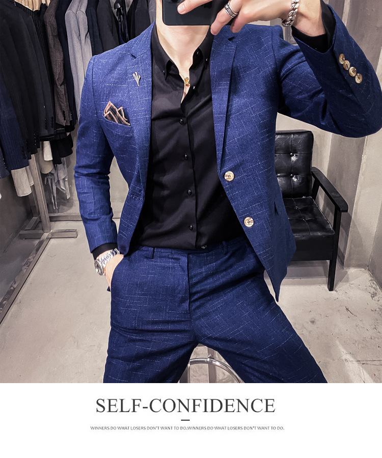 Men's Slim Fit Suit With Dark Pattern Two Button Jacket And Trousers_voghion.com