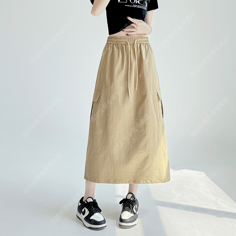 白色抽绳工装裙女夏季2025新款中长款开叉高腰显瘦a字美式半身裙|undefined