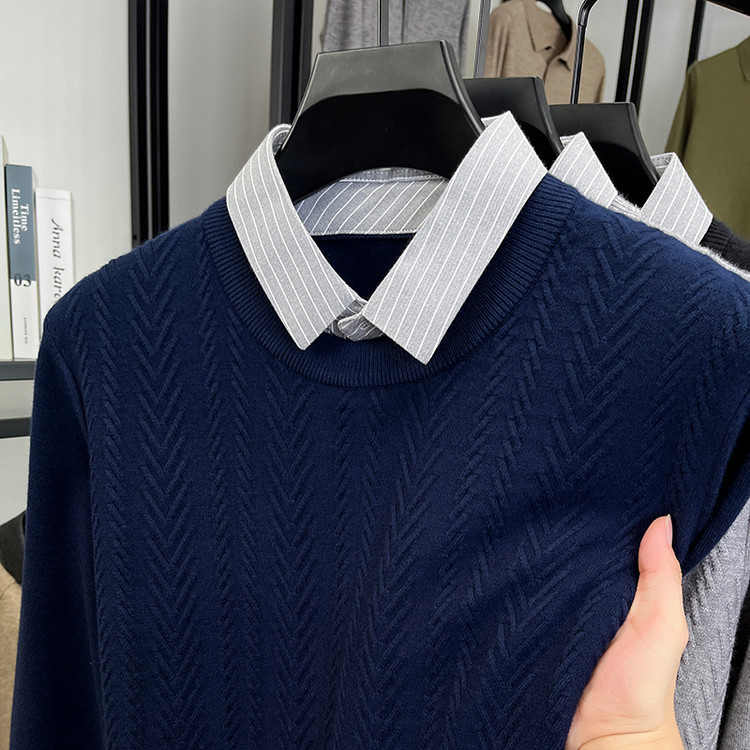 Jacquard de color sólido nuevo hombre falso dos piezas de camisa de punto de negocios solapa de moda camisa de punto de color sólido suéter de cuello