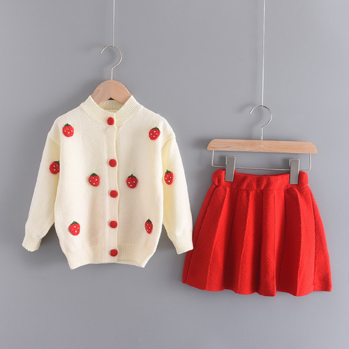 Children's sweater skirt cardigan cross-border autumn and winter new Korean version cartoon fruit picture baby girl two-piece suit sweater