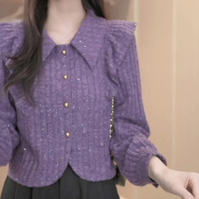 法式洋气紫色甜美荷叶边polo领长袖衬衫女2025秋冬新款小香风上衣
