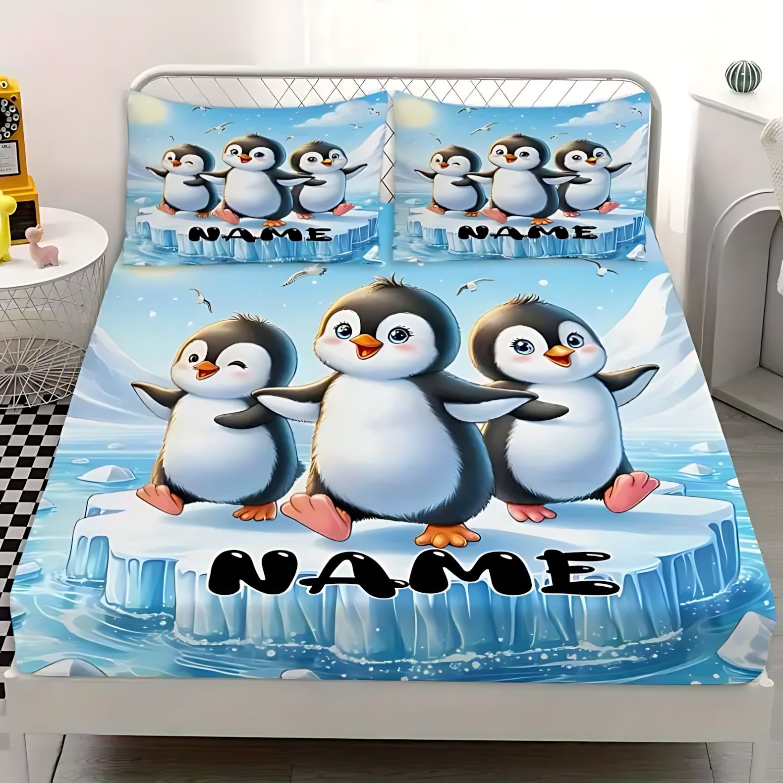 TEMU / JIT adorable pingüino impresión digital de alta definición conjunto de cama de cama de la fuente de los fabricantes a través de la frontera puede fijar