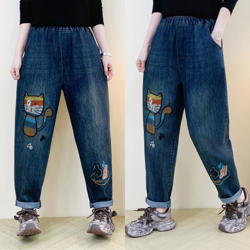 文学レトロ花刺繍ストレッチジーンズ女性の春夏の新しいルーズプラスサイズスリム多用途ハーレムパンツ|undefined