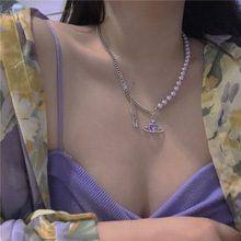 浪漫宇宙爱心锆石星球紫色珍珠拼接项链小巧设计梦幻甜酷气质颈链