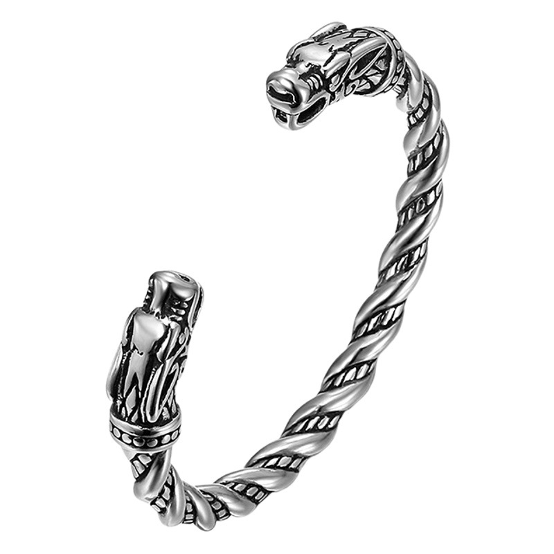 Pulsera Abierta de Dragón de Doble Cabeza Retro Europea y Americana para Hombre, Pulsera de Hueso de Dragón con Personalidad Pirata de la Mitología Nórdica
