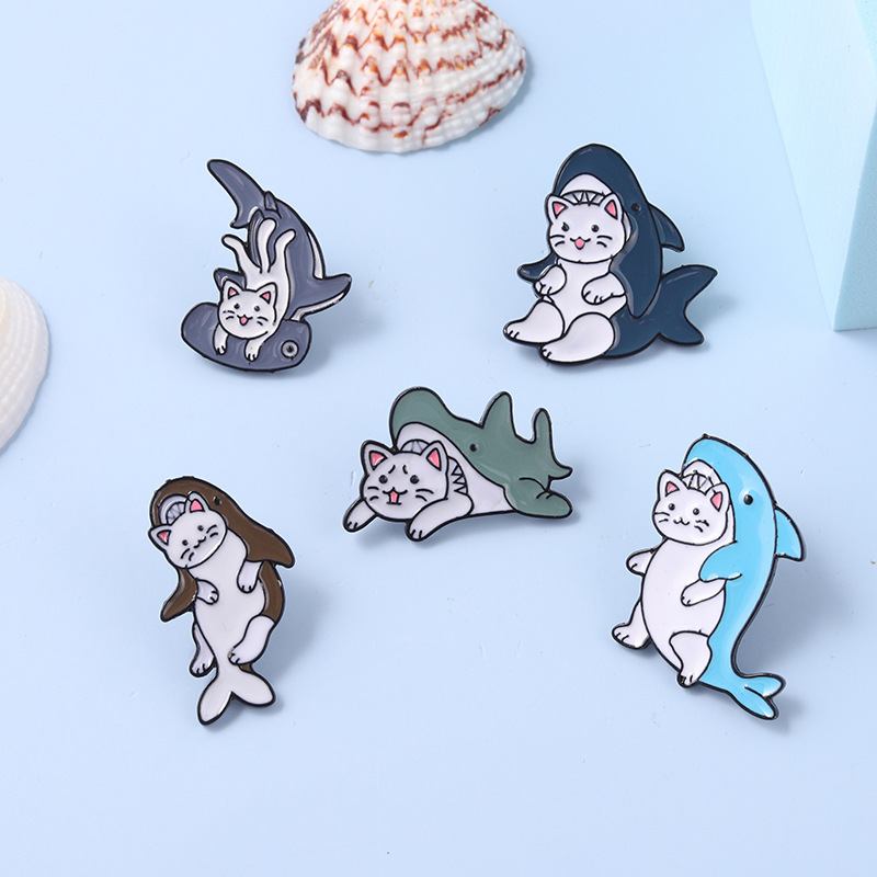 Creative Marine Animal World Alloy Brooch Cartoon Cute Shark Eating Cat Shape Enamel Brooch display picture 6