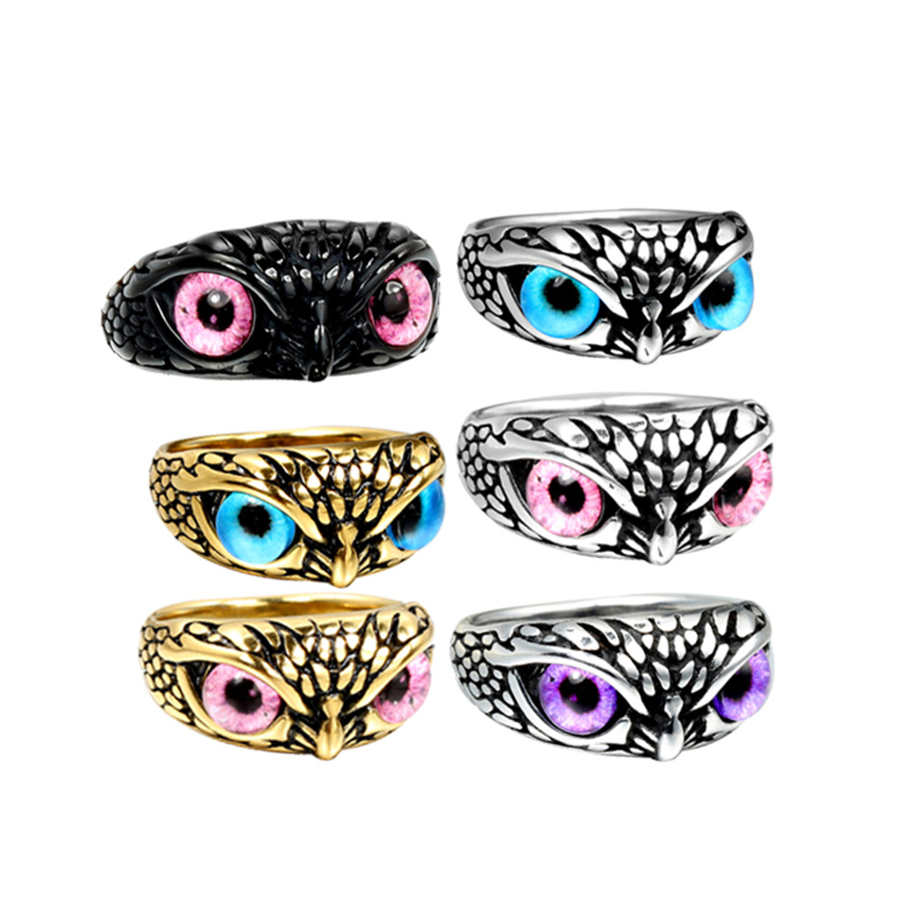18K Gold Plated Plating Material Cat's Eye Stone Inlay Material Retro Owl Titanium Steel Cat's Eye Stone 18K Gold Plated Men's Rings Men Signet Rings