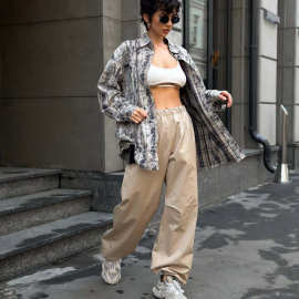 美式复古工装裤女纯色带口袋冲锋裤欧美跨境休闲直筒阔腿运动长裤