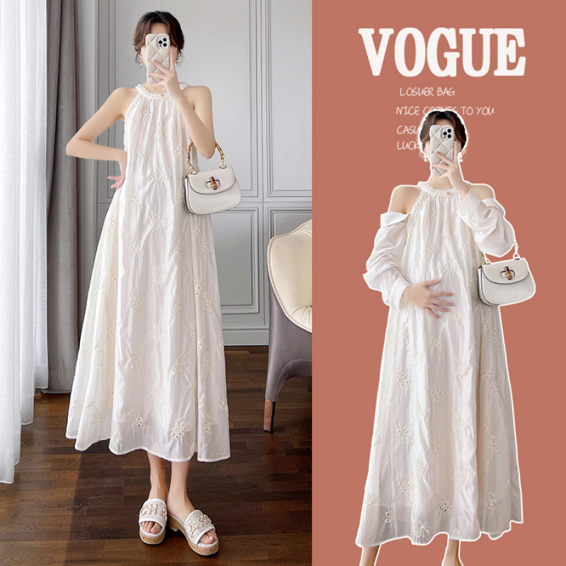 Real Shot of Fashionable Detachable Sleeves, Two-Wear Hollow Embroidered Halter Neck Maternity Summer Slimming Long Dress