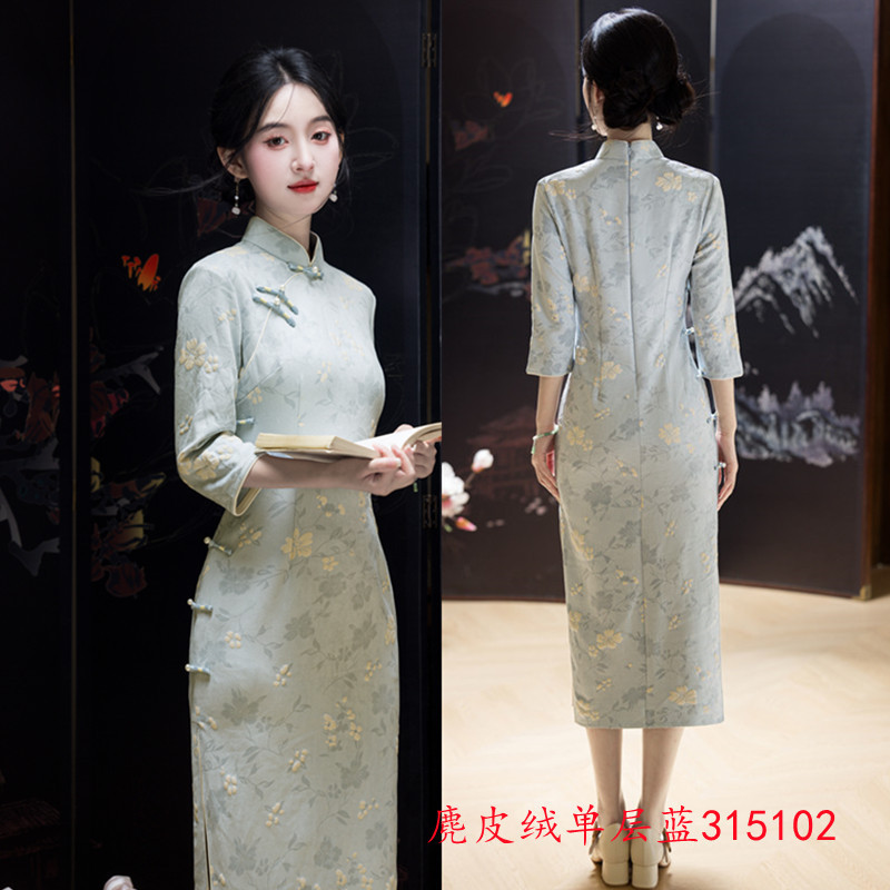 麂皮绒单层印花中长款中袖旗袍2025秋冬新款复古国风年轻女士旗袍|undefined