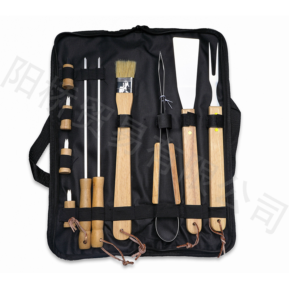 Fuente de fábrica BBQ herramientas de parrilla accesorios de parrilla al aire libre mango de madera parrilla de acero inoxidable 10 piezas