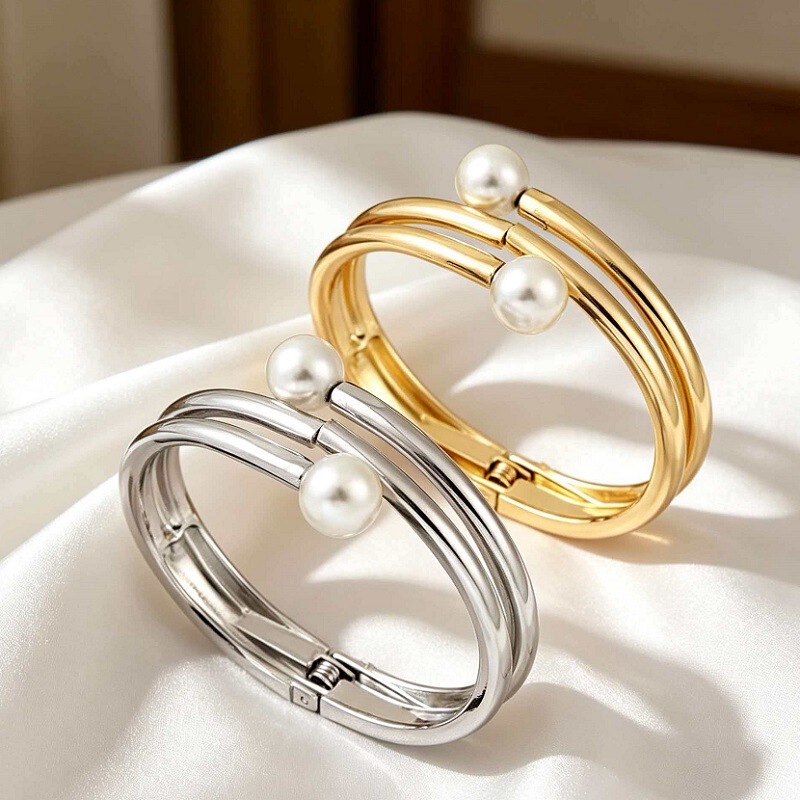 European and American Cross-Border Trendy Light Luxury Double-Layer Pearl Open Bracelet for Women, High-End Alloy Fashion Commuter Jewelry