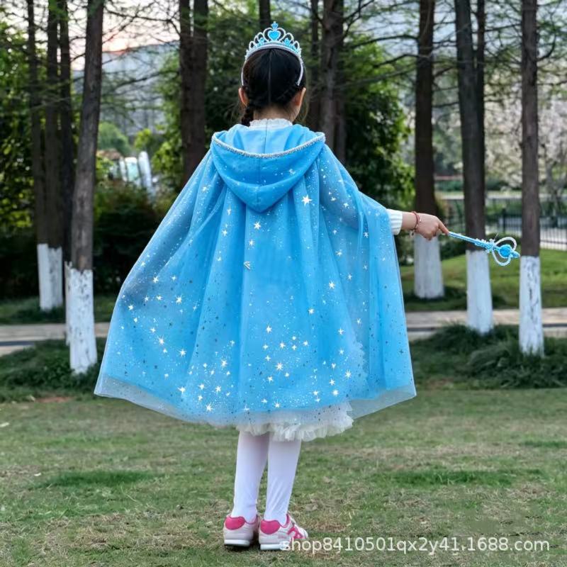 Girls' Blue Mesh Cape Elsa Princess Cape Frozen Ruffled Cape Star Performance Set