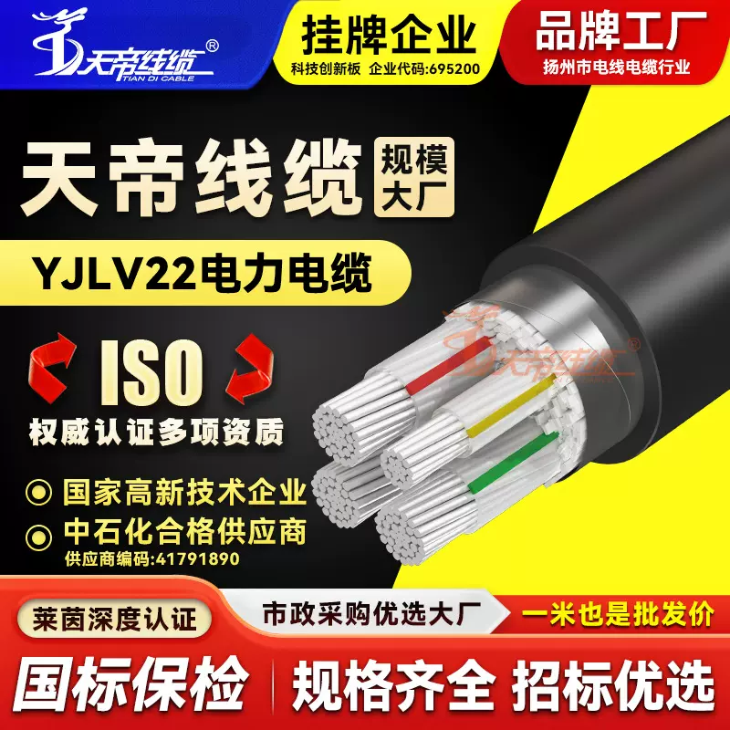 天帝YJLV22交联铝芯钢带铠装电力电缆绝缘护套工程机械照明电源线