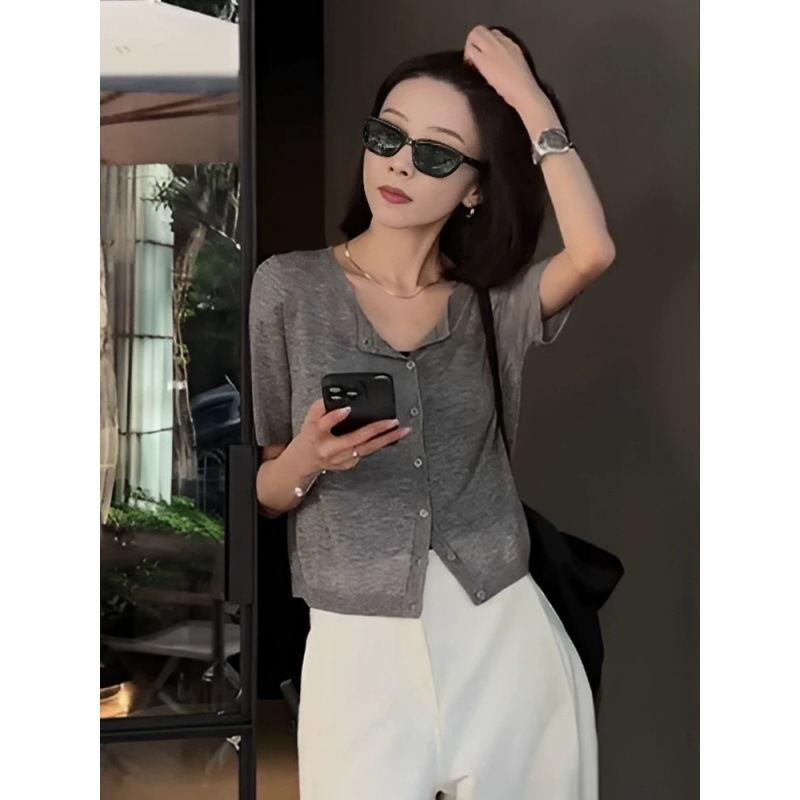 Summer New Style Slightly See-Through Short Cardigan for Women, Round Neck, 100% Tencel Knitwear, Short-Sleeved Outer Top, Women's Short-Sleeved Top