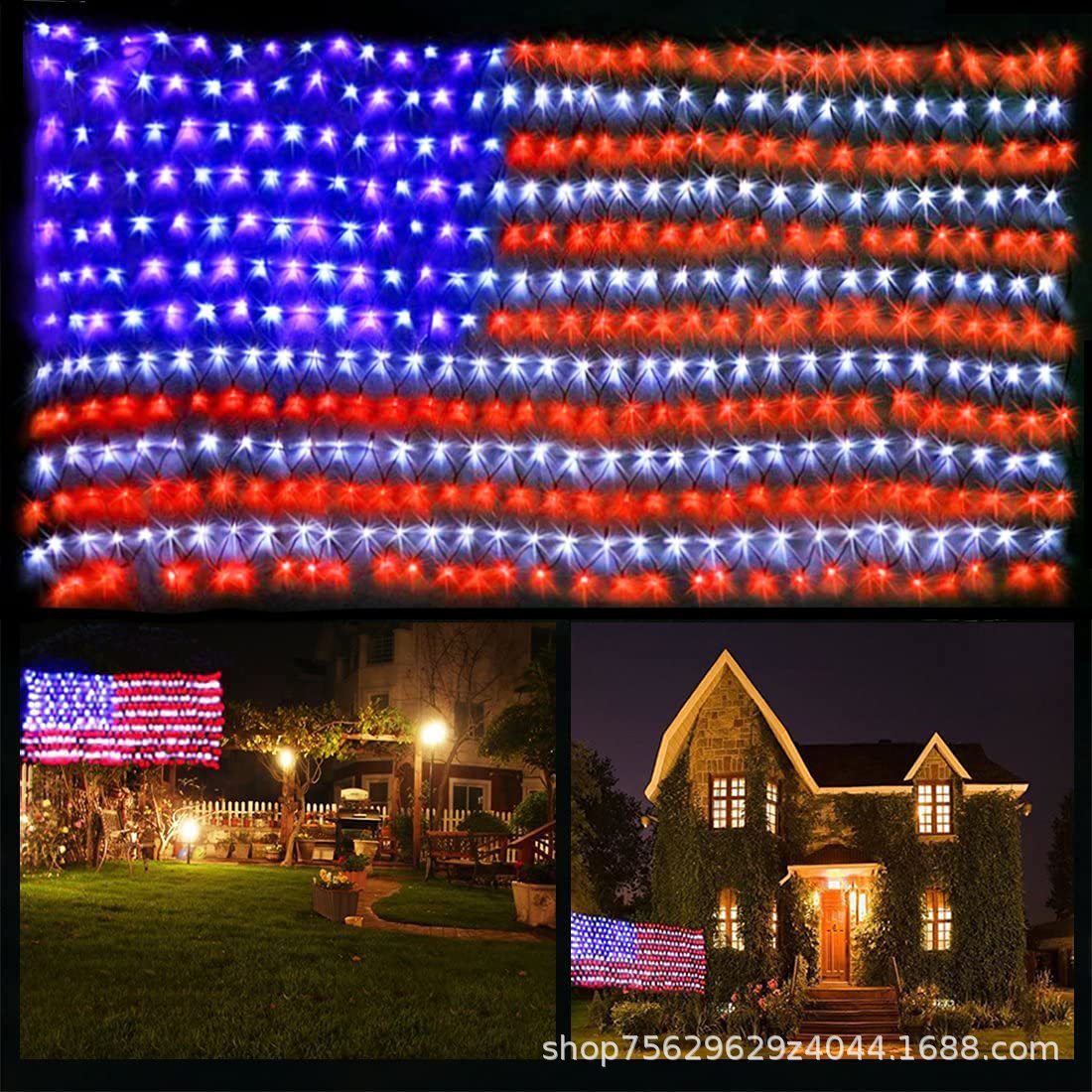 LED美国国旗网灯2*1米390灯独立日圣诞节户外装饰渔网串灯批发