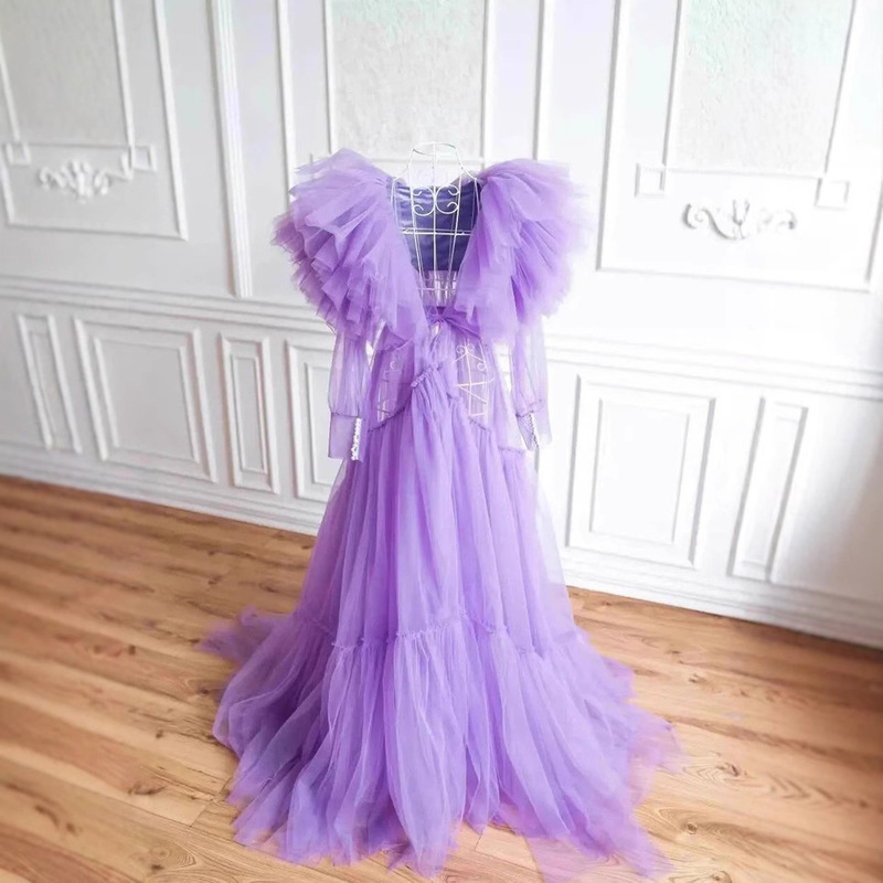 European and American Export Hot-Selling Large Size Mesh Maternity Family Dress High-Waisted One-Shoulder Pleated Photo Studio Outdoor Shooting Long Skirt