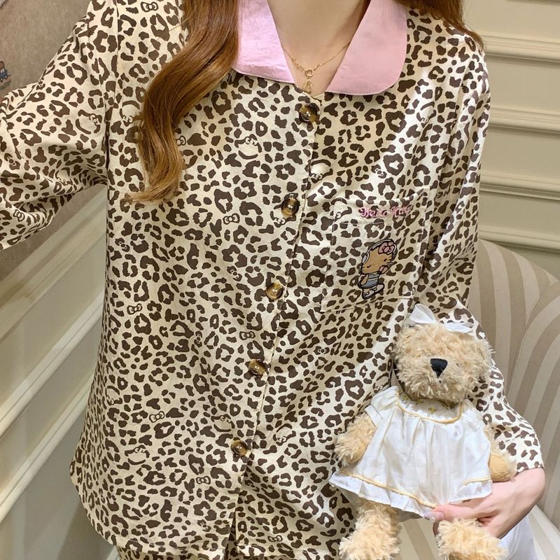 睡衣女春秋季新款带胸垫长袖长裤天丝棉甜酷豹纹可外穿家居服套装|undefined