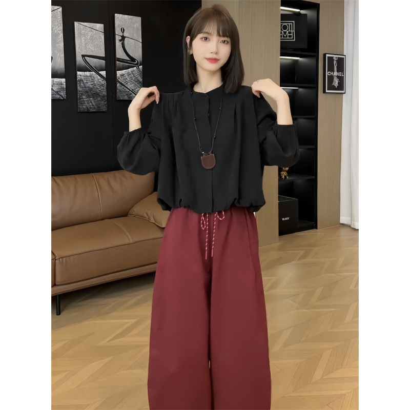 网红爆款时尚套装女2025春季新款法式灯笼袖显瘦衬衫哈伦裤两件套|undefined