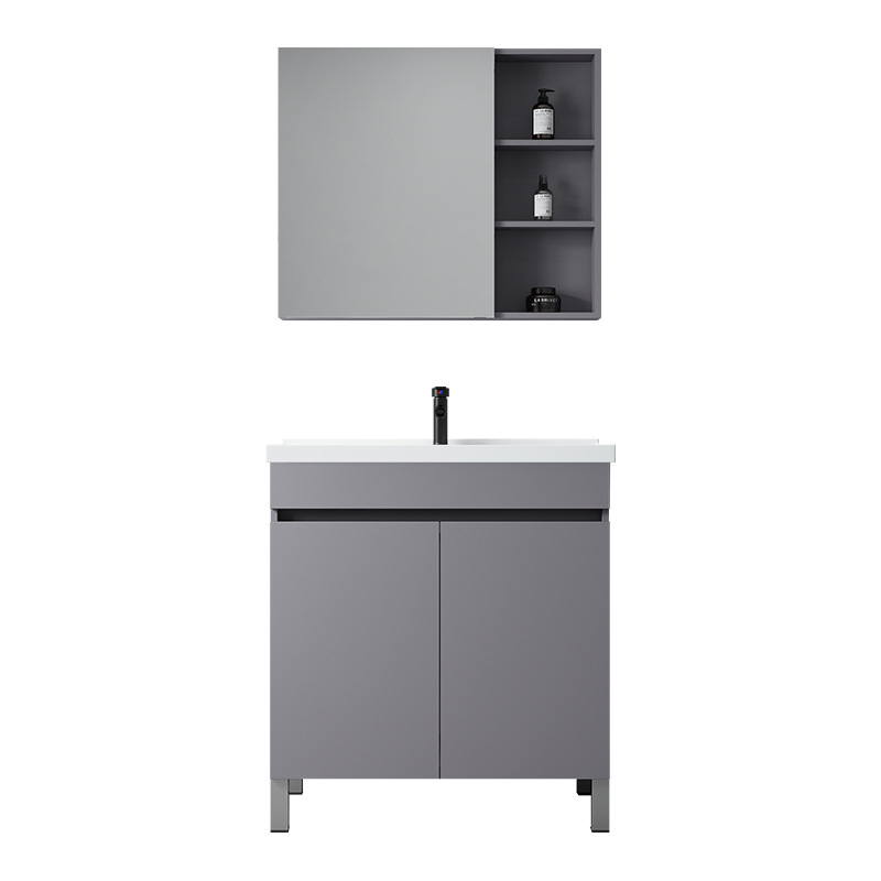 Gris simple piso de madera maciza gabinete de baño balcón baño lavabo con lavabo de cerámica combinación de gabinete