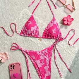 2026新款bikini欧美外贸跨境性感印花三角系带比基尼分体泳衣女