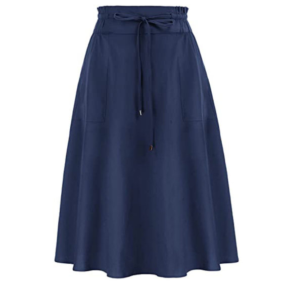 2021 Cross-border Women's Casual Cotton Linen Skirt Pocket Skirt European and American Style Mid-length A- shaped Spring Pleated Skirt