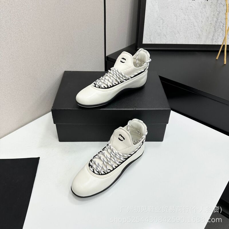 Chanel-Style Flat German Training Shoes with Genuine Leather Patchwork, Round Toe, Knitted Lace-Up, Versatile Fashion Low-Top Sports Casual Shoes for Women Chanel-Style Flat German Training Shoes with Genuine Leather Patchwork, Round Toe, Knitted Lace-Up, Versatile Fashion Low-Top Sports Casual Shoes for Women