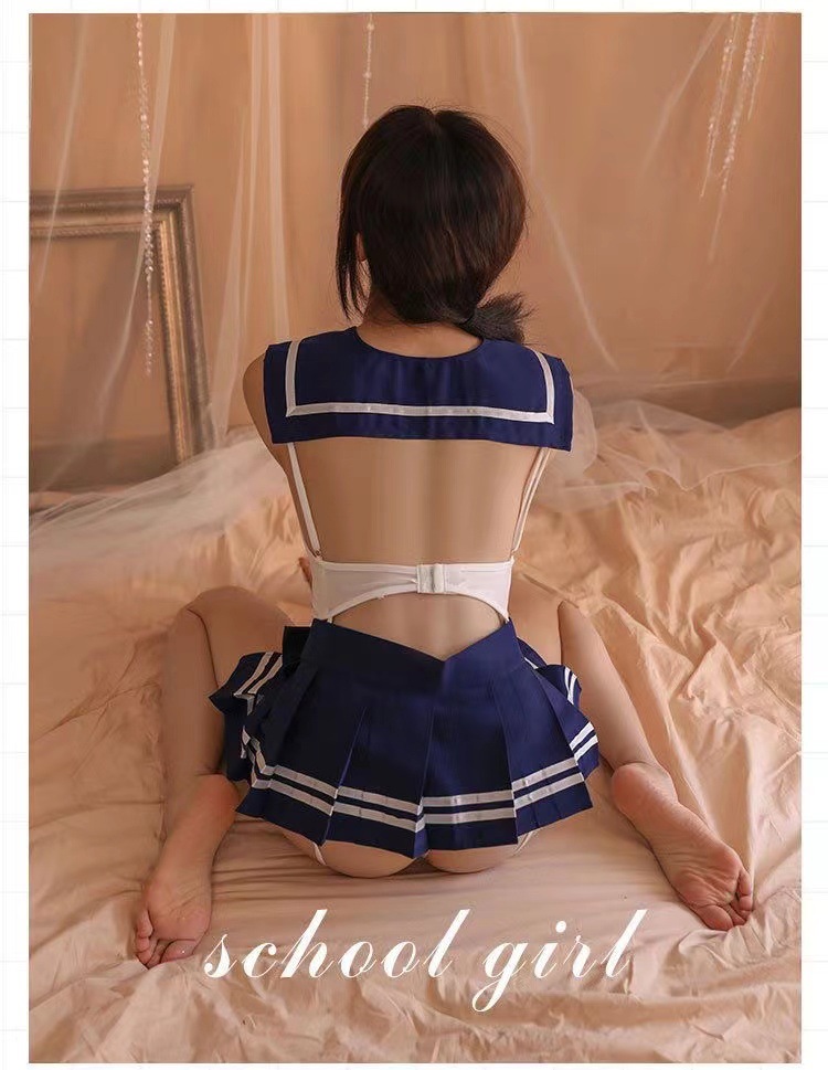Campus-Style Open-Crotch Lingerie Set with Jumpsuit, Skirt, Tie and Student Socks — detail image 7
